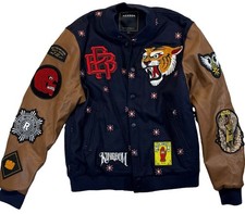 Reason Clothing Kingdom Varsity Jacket Adult Large Navy Brown Faux Leather picture