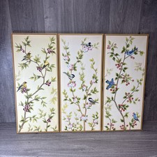Vintage Screen painted Chinoiserie Panels Wall Hanging Birds Decor MCM 23”x10” picture