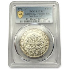 1927-D Germany Oak Tree 5 Mark - PCGS MS 62 - Classic Silver World Coin picture