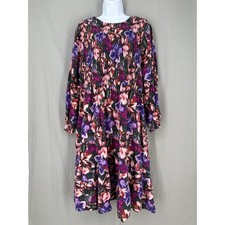 Terra Sky Dress Womens 2X Purple Floral Midi Green Boho Tiered Cottage Pockets picture