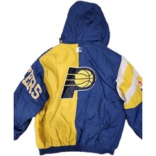 Vintage 90s Indiana Pacers Starter NBA Hooded Puffer Jacket XL Blue Yellow Logo picture