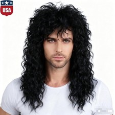 Men's 80s Black Long Curly Wig With Bangs Mullet Rock Wigs Costume Male Wig US picture