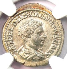 Diadumenian AR Denarius Silver Roman Coin 218 AD - NGC Choice AU - 5/5 Strike picture
