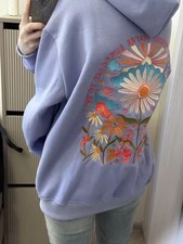 New Pink Palm Floral Embroidered Hoodie Pullover Cozy Casual Sweatshirt Women picture