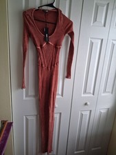 Fashion Nova Womens brown soft thin stretch long sleeve jumpsuit Med NWT  picture