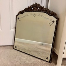 Antique 1920's Floral Leaves Etched Glass Ornate Frame Mirror 22.25