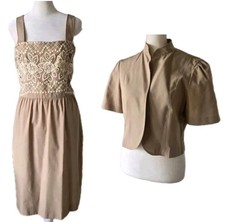 Vtg 70s Tan/Brown 2 Piece Set, Embroidered, Jacket & Dress, Union, M picture