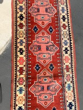 Vintage Hand Knotted Wool Runner Rug 30.5” x 263” 22 Ft Geometric Red picture