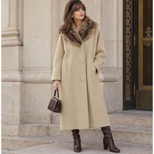 Vintage 50s M L Coat Mink Fur Collar Beige Wool Retro Classic Luxury Glam picture