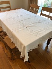 Antique Vintage Linen Tablecloth White with Cutwork, Embroidery, Crocheted Lace picture
