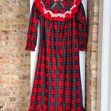 Vintage Cassie Girls 14 Plaid Nightgown Ruffle Lace Coquette Prairie Christmas picture