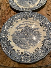 Vtg English Village Salem China Olde Staffordshire Blue &White Plate Bowl Set 5) picture