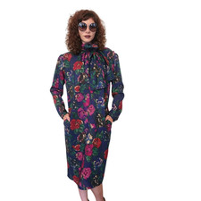 Vintage 1980s UNGARO Sac Dress Dark Floral Print Wool w/Sash Necktie / M picture