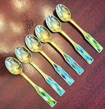 Stunning VTG GEORG JENSEN Sterling Silver Harlequin Enamel Gilt 6 Spoon Set Box picture