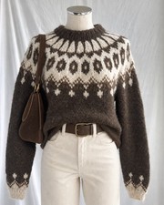 Vintage Nordic Fair Isle Wool Knit Sweater | Brown Cream Icelandic Style | Sz M picture