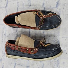 Sebago Docksides Boat Shoes Mens 8.5 Navy Blue Brown Leather Nautical Made USA picture