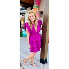 Entro Magenta Purple Ruffle Tiered Mini Dress Smocked Waist V-Neck M Barbiecore picture
