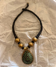 Vintage Tibetan Nepalese Brass Necklace Genuine Turquoise Inlay Pendant Handmade picture