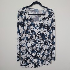 Lane Bryant Size 22/24 Floral Draped Front Top Womens Navy White Long Sleeve picture