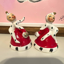 Vintage Ceramic Holt Howard Elf on Santa hat mini Bell ornament set of 2pc picture