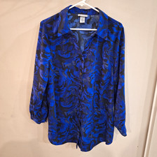 Catherine's Plus 0X Blue/Black Floral Chiffon Collared Long Sleeve Button-Up picture