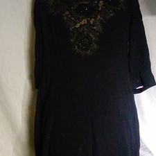 Rare Womens Vintage 1940s Black V-Neck 3/4 Sleeve Linen/Lace Pencil Dress L picture