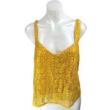Lush Yellow Floral Lace Sleeveless V-neck Cami Camisole Tie Strap Tank Top Sz L picture