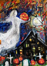 ORIGINAL ACEO Painting GHOST Spirit Autumn Pumpkin Halloween House Grave ATC ART picture