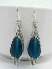 Blue Teardrop Earrings Frosted Sea Glass Silver Wire Braided Ladies picture
