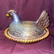 Amber Iridescent Glass Hen on Nest Trinket Box w/ Removable Lid picture