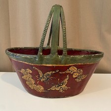 Antique French Red Green Basket Hand-Painted Butterfly Floral picture