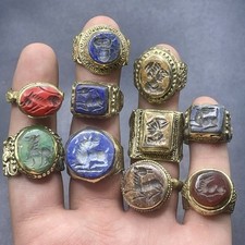 10 Rings Afghanistan Ancient Brass Rings With Natural Intaglio Stones Seal Rings picture