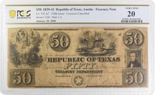 $50 1839-41 Republic of Texas, Austin A7 Crosscut Cancelled VF20 PCGS #302 picture
