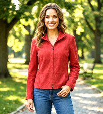 Carlisle Suede Zip-Front Jacket Pockets Lined Stand Collar Size 6 Rusted Red picture