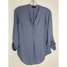 The Limited Womens XS Blue Gray Split Neck Roll Tab Sleeve Blouse Pleated Top picture