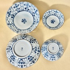 Japanese Tachikichi Blue White Mino Ware Porcelain Bowl Set, 2 Medium + 2 Small picture