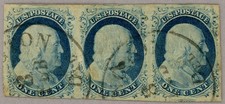 US Scott#9 XF 1851 1c Franklin strip of 3, right 2 stamps XF Jumbo picture