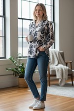 NWT Monday Fun Kearney Henley Blouse L Floral Rose Boho StitchFix 3/4 Sleeve picture