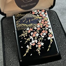 Zippo Mt. Fuji Sakura Makie Lacquer Gold Inside Unit Black Lighter Velor Japan picture