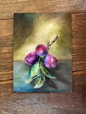 aceo original painting art card plum still life ATC picture