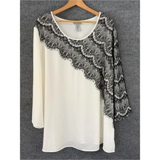 Catherines Womens 2X Lace Top 3/4 Sleeve White Black Office Feminine Flowy picture