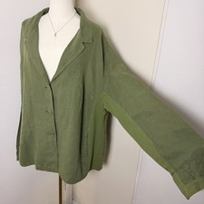FLAX Women’s 100% Linen Green Button Down Long Sleeve Top, Size XL picture