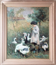 Original Oil Painting Framed Child With Ducks Geese Chialiva Style 20x24 picture