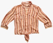 MINE Women’s L Pink Brown Striped Collared 3/4 Sleeve Top 70s Boho Retro picture