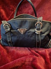 PRADA Black Zip Top Logo Plaque Shoulder Bag Silver Hardware Double Handles picture