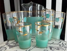 Small MCM Glass Pitcher Tumblers Juice Glasses Frosted Turquoise Gold 8 Pc Set picture