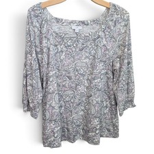J. Jill Womens Top Medium M Purple Paisley Floral Square Neck 3/4 Sleeve Blouse picture