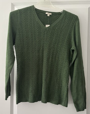 NWT Talbots Outlet Green V-Neck 100% Cable Knit Pullover Sweater Medium NEW picture