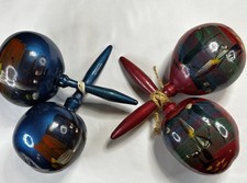 Pair Vintage Hand-painted Wooden Gourd Maracas One Set In Blue & One Set In Red picture