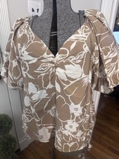Cato Women’s Beige & White Floral V-Neck Puff Sleeve Lined Blouse L picture